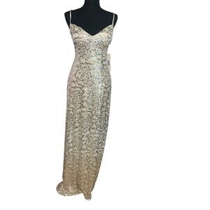 Emerald Sundae Juniors'‎ Glitter Draped Front Gown in Silver, size XL.